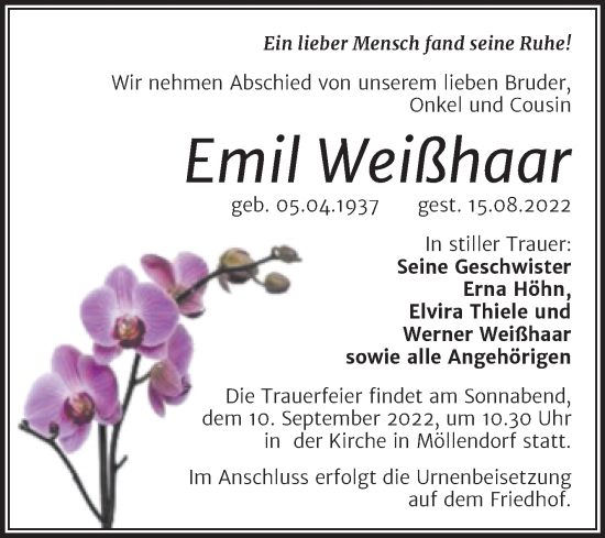 Traueranzeige von Emil Weißhaar von Trauerkombi Mansfelder Land
