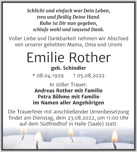 Traueranzeige von Emilie Rother von Mitteldeutsche Zeitung Halle/Saalkreis