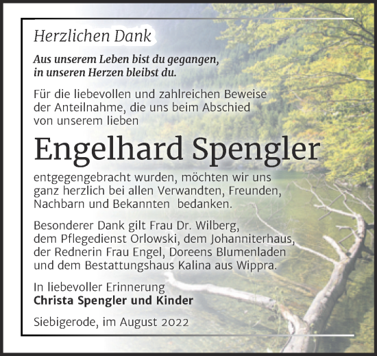 Traueranzeige von Engelhard Spengler von Trauerkombi Mansfelder Land