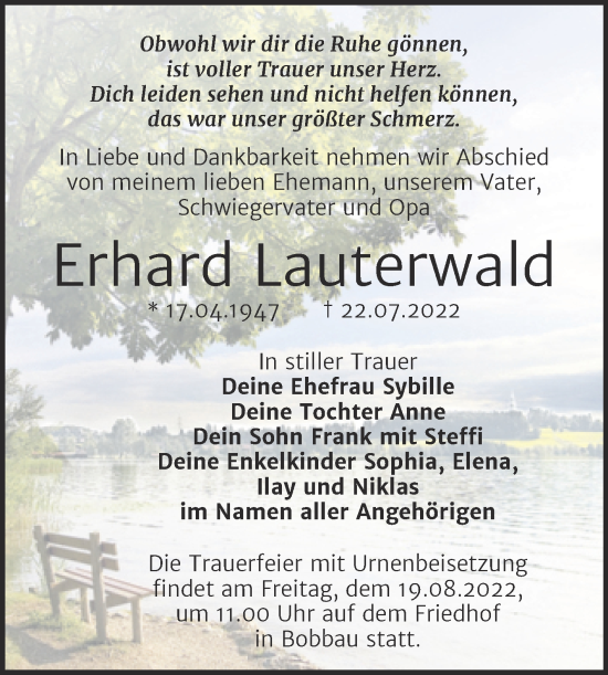 Traueranzeige von Erhard Lauterwald von Trauerkombi Bitterfeld
