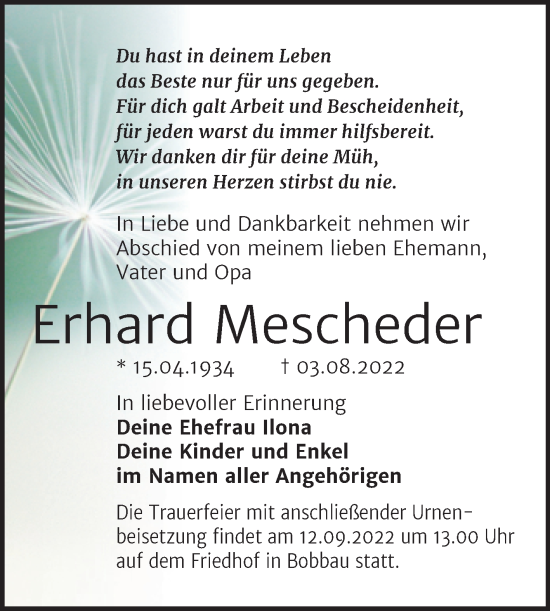 Traueranzeige von Erhard Mescheder von Trauerkombi Bitterfeld