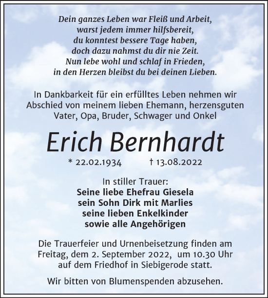 Traueranzeige von Erich Bernhardt von Trauerkombi Mansfelder Land