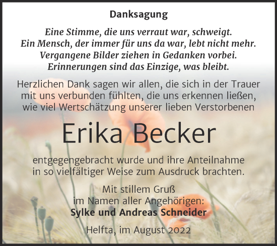 Traueranzeige von Erika Becker von Trauerkombi Mansfelder Land