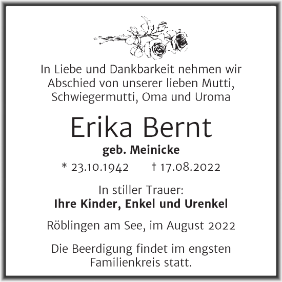 Traueranzeige von Erika Bernt von Trauerkombi Mansfelder Land