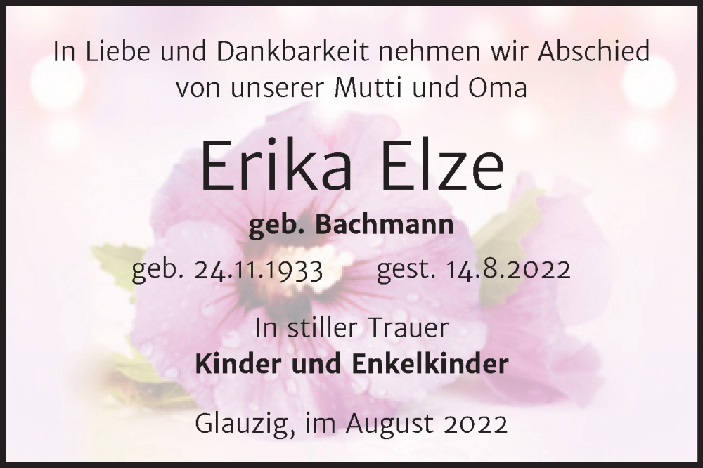  Traueranzeige für Erika Elze vom 20.08.2022 aus Trauerkombi Köthen