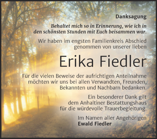 Traueranzeige von Erika Fiedler von Trauerkombi Dessau