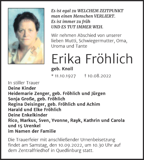 Traueranzeige von Erika Fröhlich von Trauerkombi Quedlinburg