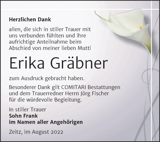 Traueranzeige von Erika Gräbner von Trauerkombi Zeitz