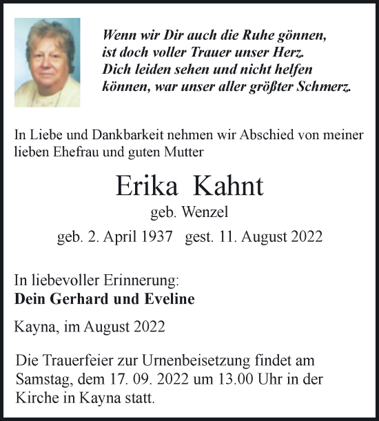 Traueranzeige von Erika Kahnt von Trauerkombi Zeitz