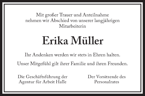 Traueranzeige von Erika Müller von Mitteldeutsche Zeitung Merseburg/Querfurt