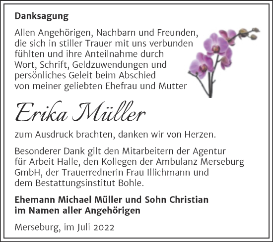 Traueranzeige von Erika Müller von Trauerkombi Merseburg