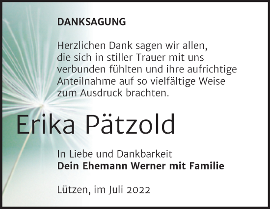 Traueranzeige von Erika Pätzold von Trauerkombi Weißenfels