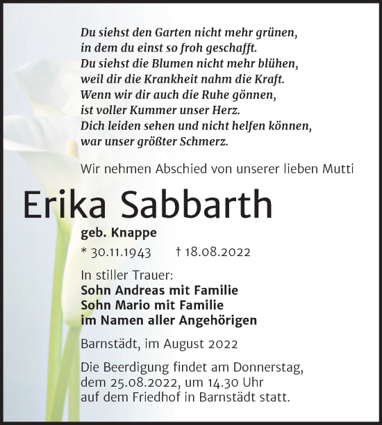 Traueranzeige von Erika Sabbarth von Trauerkombi Merseburg
