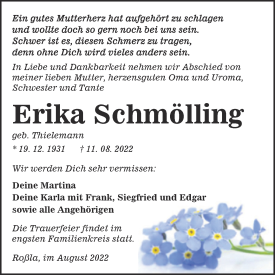 Traueranzeige von Erika Schmölling von Trauerkombi Sangerhausen
