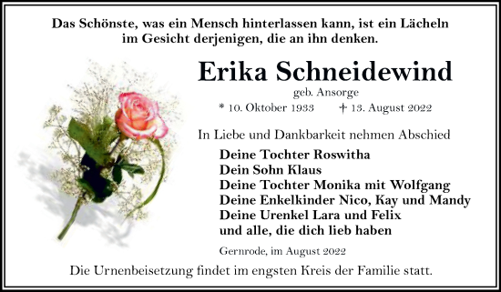 Traueranzeige von Erika Schneidewind von Trauerkombi Quedlinburg