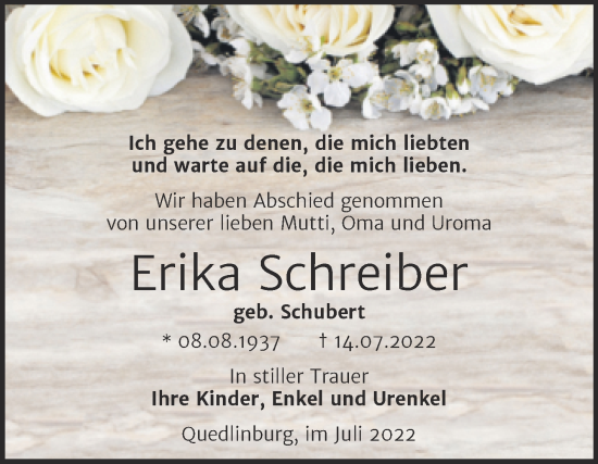 Traueranzeige von Erika Schreiber von Trauerkombi Quedlinburg