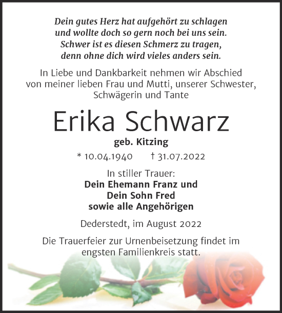 Traueranzeige von Erika Schwarz von Trauerkombi Mansfelder Land