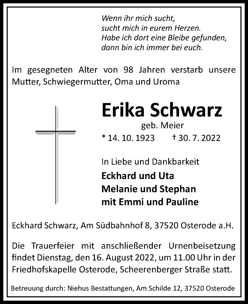  Traueranzeige für Erika Schwarz vom 06.08.2022 aus Mitteldeutsche Zeitung Sangerhausen