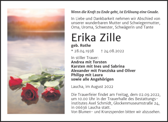 Traueranzeige von Erika Zille von Wochenspiegel Naumburg/Nebra