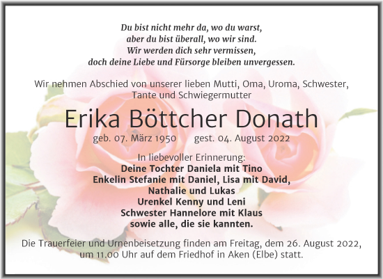 Traueranzeige von Erika Böttcher Donath von Trauerkombi Köthen