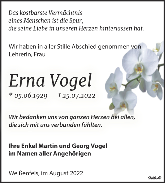 Traueranzeige von Erna Vogel von Trauerkombi Weißenfels