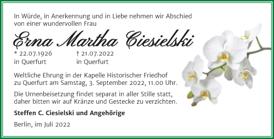 Traueranzeige von Erna MArtha Ciesielski von Trauerkombi Merseburg
