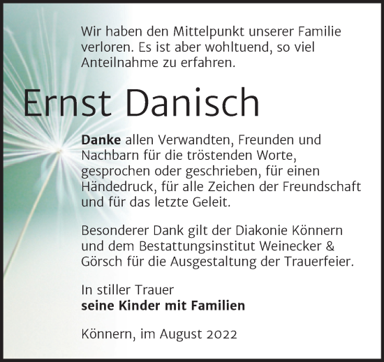 Traueranzeige von Ernst Danisch von Trauerkombi Bernburg