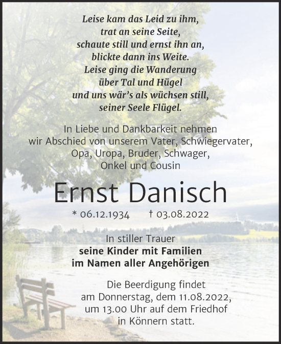 Traueranzeige von Ernst Danisch von Trauerkombi Bernburg