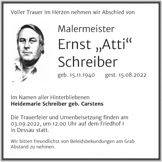 Traueranzeige von Ernst Schreiber von Trauerkombi Dessau