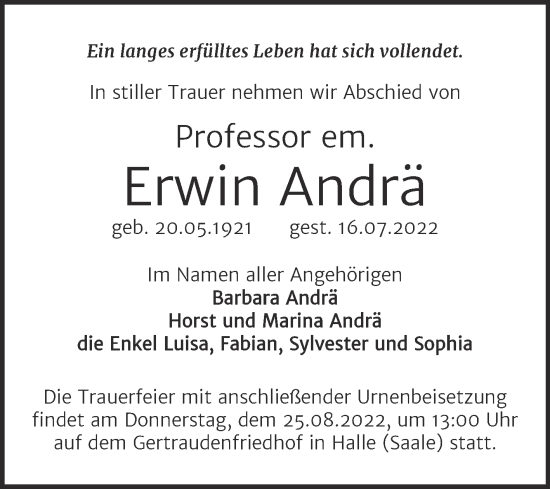 Traueranzeige von Erwin Andrä von Mitteldeutsche Zeitung
