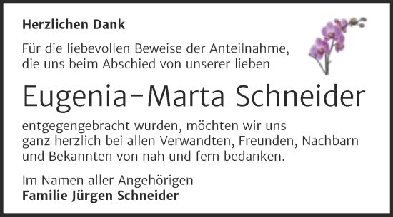 Traueranzeige von Eugenia-Marta Schneider von Trauerkombi Wittenberg