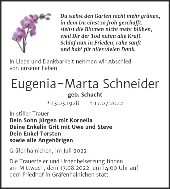 Traueranzeige von Eugenia-Marta Schneider von Trauerkombi Wittenberg