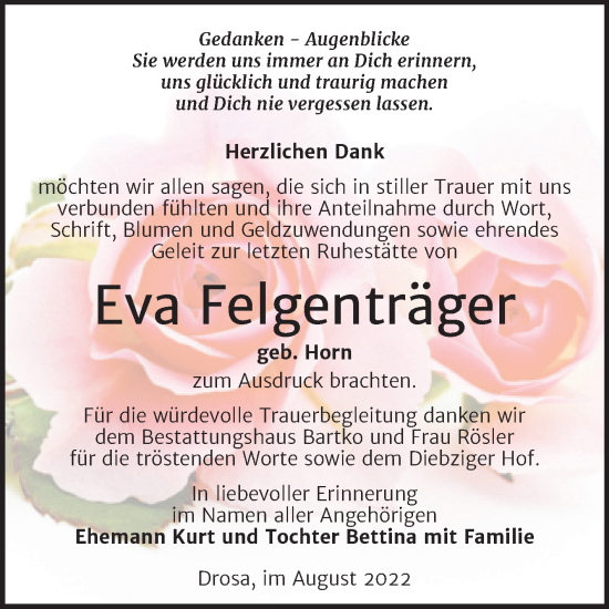 Traueranzeige von Eva Felgenträger von Trauerkombi Köthen
