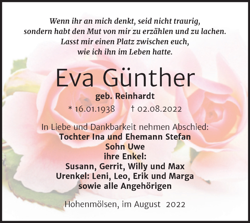  Traueranzeige für Eva Günther vom 06.08.2022 aus Trauerkombi Weißenfels