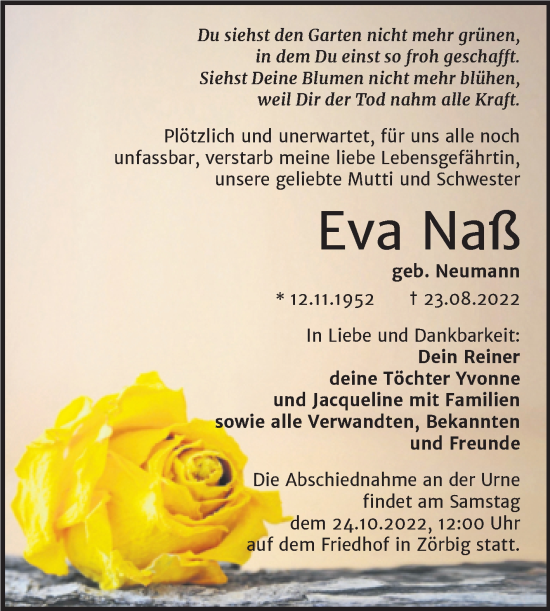 Traueranzeige von Eva Naß von Trauerkombi Bitterfeld