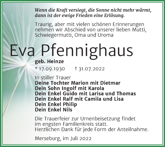Traueranzeige von Eva Pfennighaus von Trauerkombi Merseburg