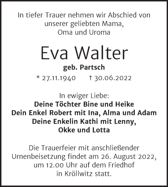 Traueranzeige von Eva Walter von Mitteldeutsche Zeitung Halle/Saalkreis