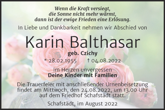 Traueranzeige von Karin Balthasar von Trauerkombi Merseburg