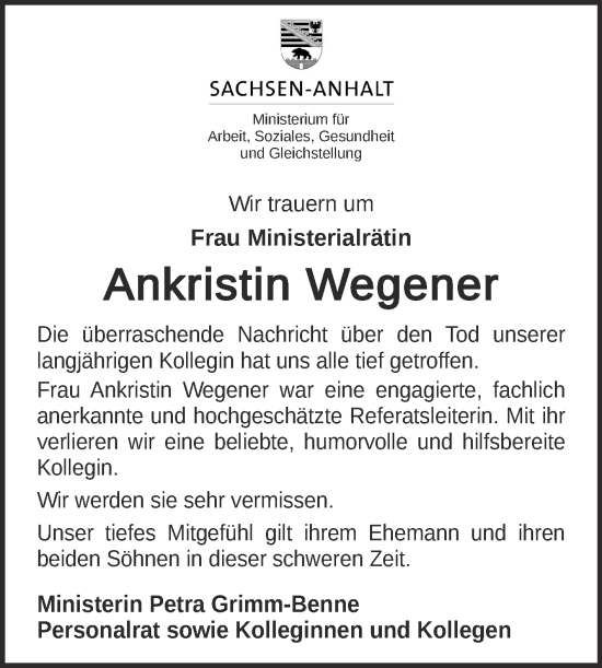 Traueranzeige von Ankristin Wegener von Mitteldeutsche Zeitung Halle/Saalkreis