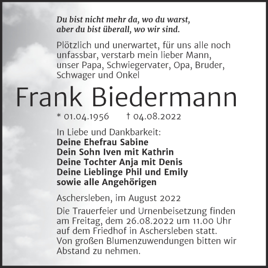 Traueranzeige von Frank Biedermann von Trauerkombi Aschersleben