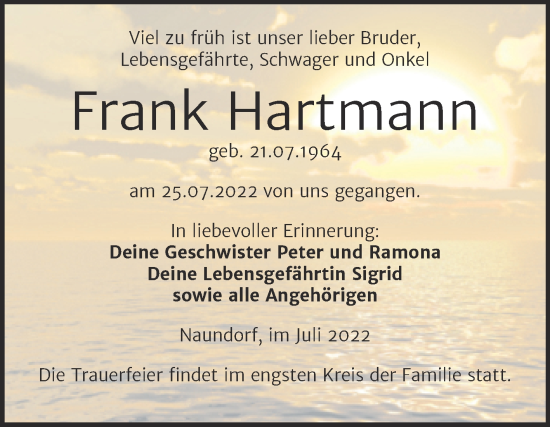 Traueranzeige von Frank Hartmann von Trauerkombi Köthen