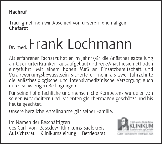 Traueranzeige von Frank Lochmann von Mitteldeutsche Zeitung Merseburg/Querfurt