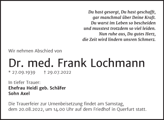 Traueranzeige von Frank Lochmann von Mitteldeutsche Zeitung Merseburg/Querfurt