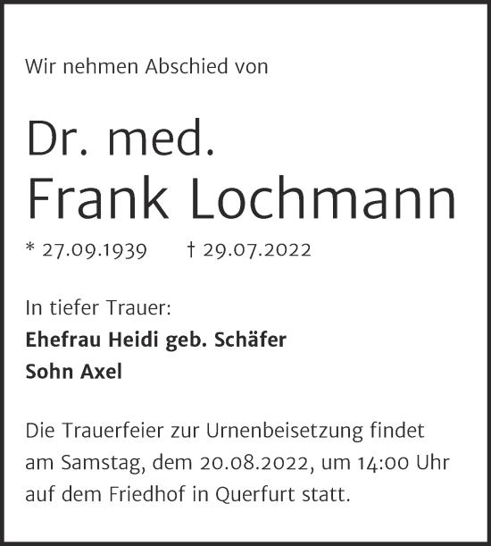 Traueranzeige von Frank Lochmann von Naumburger Tageblatt