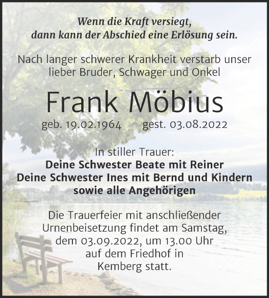 Traueranzeige von Frank Möbius von Super Sonntag Wittenberg