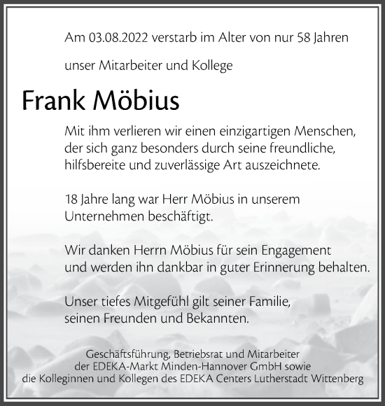 Traueranzeige von Frank Möbius von Super Sonntag Wittenberg