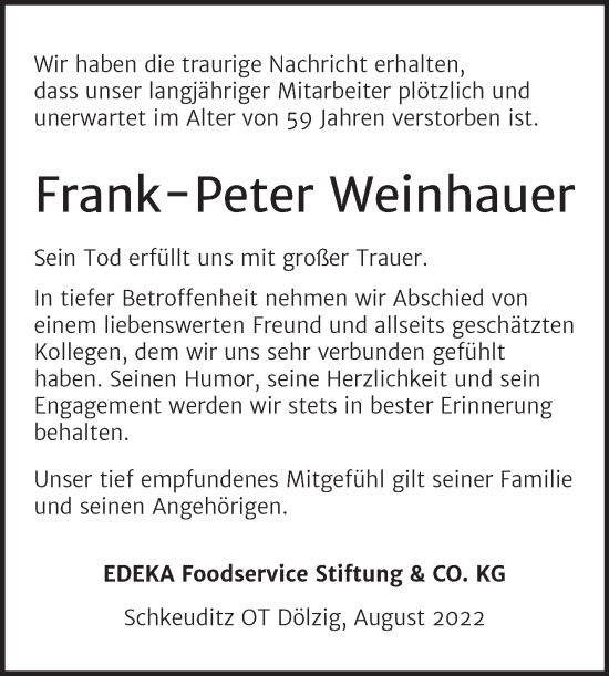 Traueranzeige von Frank-Peter Weinhauer von Super Sonntag Weißenfels