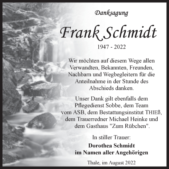 Traueranzeige von Frank Schmidt von Trauerkombi Quedlinburg