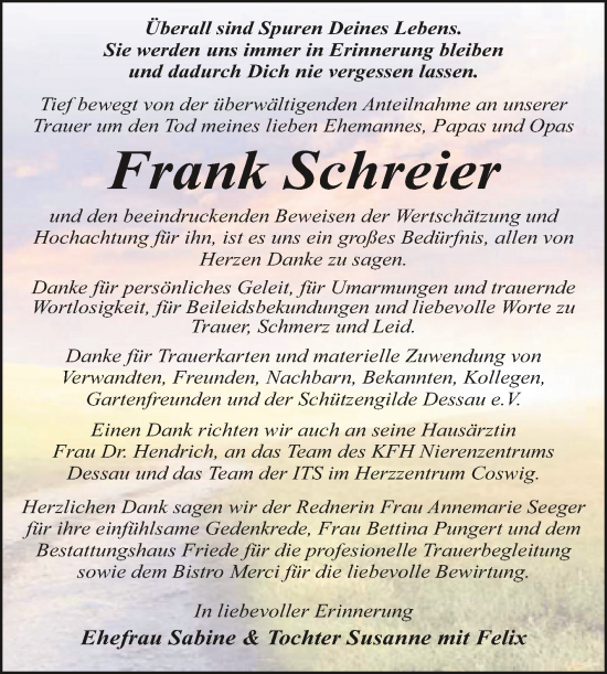 Traueranzeige von Frank Schreier von Trauerkombi Dessau