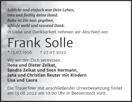 Traueranzeige von Frank Solle von Mitteldeutsche Zeitung Halle/Saalkreis